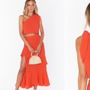 Show Me Your MuMu one shoulder Top and Nala ruffle skirt in the color Bellini